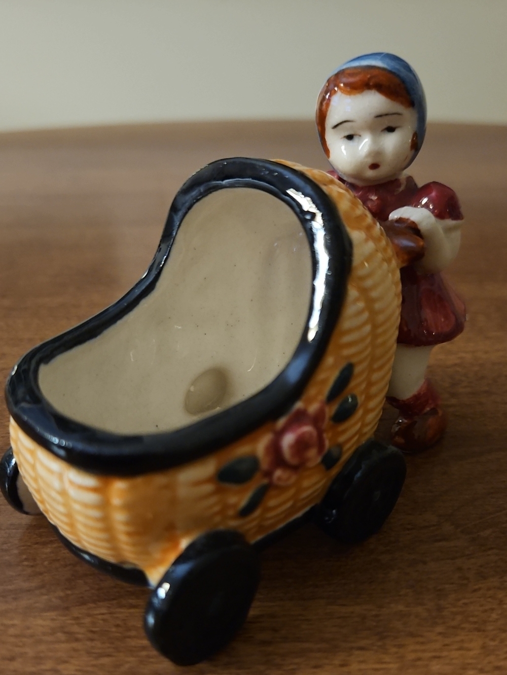VTG Occupied Japan Porcelain Girl & Wicker Baby Carriage Figurine 4.5"